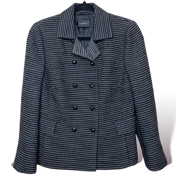 AKRIS Wool Blazer Jacket Striped Black Gray Preppy Layering Business Winter 12 - Picture 1 of 11
